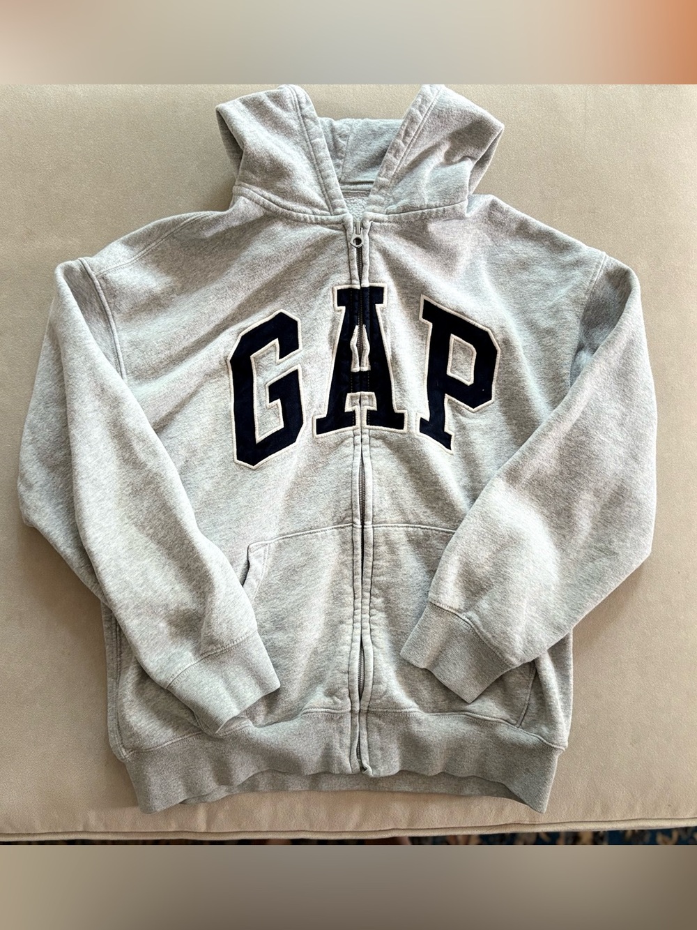 GAP Light Gray Zip-Up Hoodie with Navy Logo